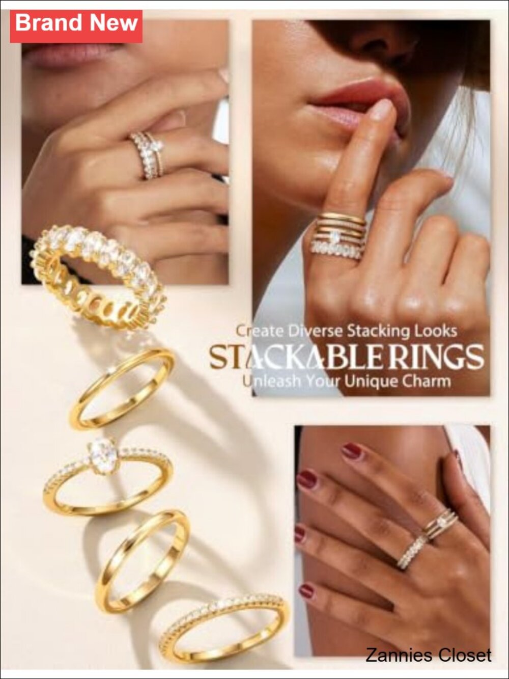 💍 14K Gold Plated Stackable Rings Cubic Zirconia Set - Picture 3 of 6